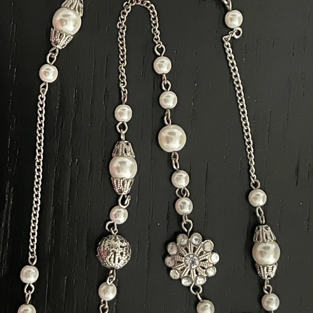 Silver and White Pearl Costume Jewelry Long Necklace